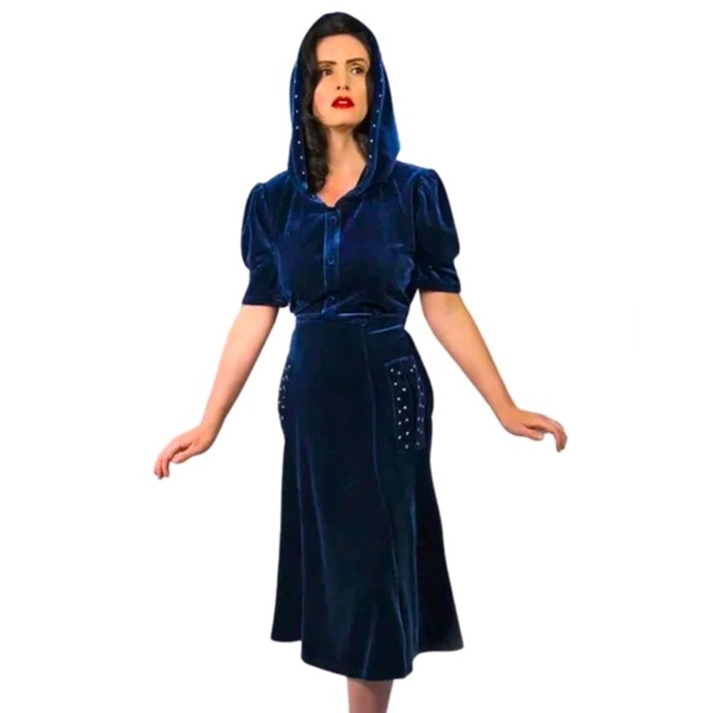 "Noctis" 1930s Style Cobalt Velvet Hooded Stars Dress  - Sz. XL